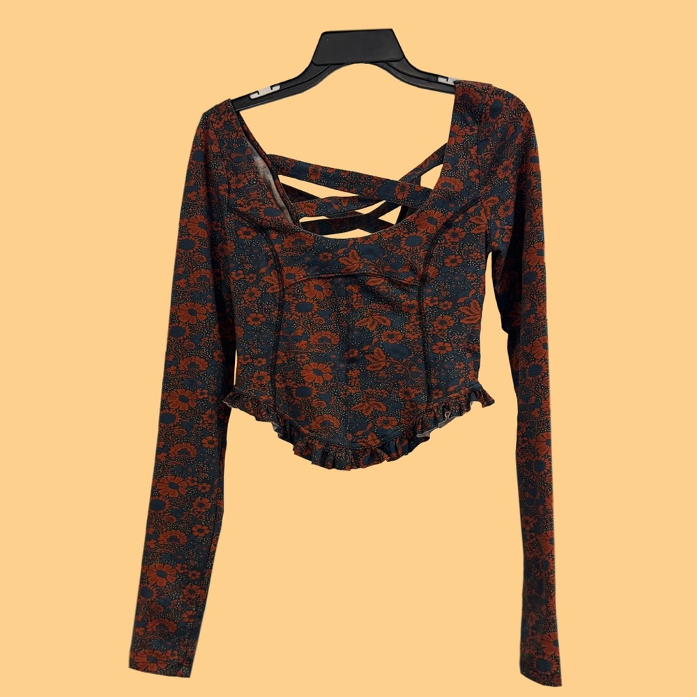 Free People Red and Blue Long Sleeve Crop Blouse